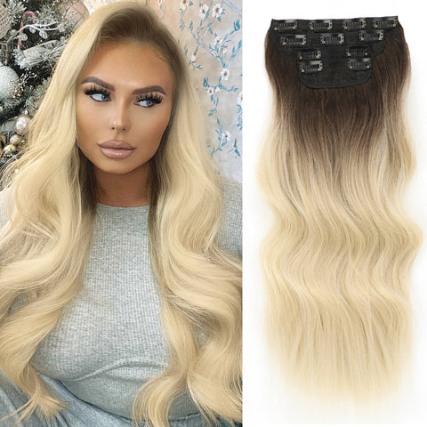 Qp hairSynthetic Long Wavy Synthetic Hair Extensions 4pcs/set Clip In Hair Extensions Dark Brown Ombre Honey Blonde Thick Hairpieces