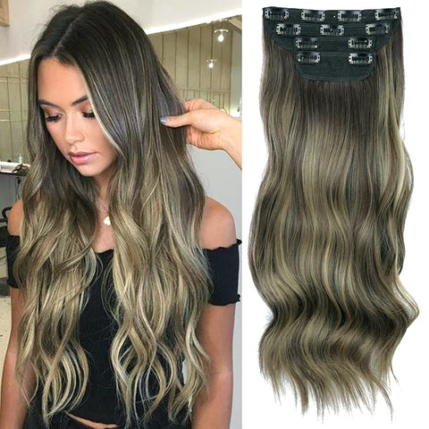 Qp hairSynthetic Long Wavy Synthetic Hair Extensions 4pcs/set Clip In Hair Extensions Dark Brown Ombre Honey Blonde Thick Hairpieces