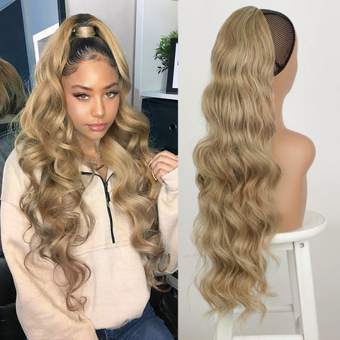 Qp hairSynthetic Long Wavy Synthetic Ponytail Hair Blonde Drawstring Ponytail Clip in Hairpiece Black Wave Ponytail for Black Women