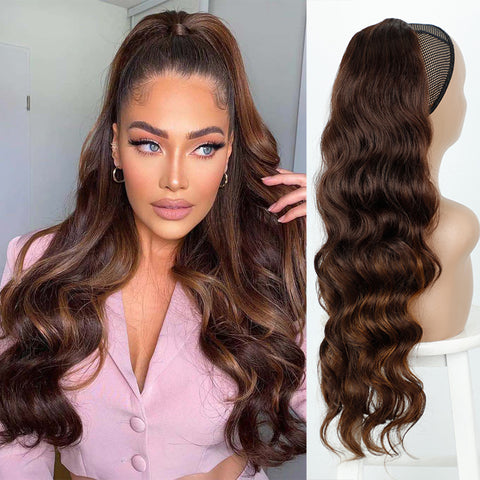 Qp hairSynthetic Long Wavy Synthetic Ponytail Hair Blonde Drawstring Ponytail Clip in Hairpiece Black Wave Ponytail for Black Women