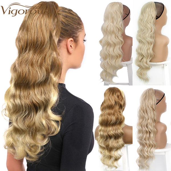 Qp hairSynthetic Long Wavy Synthetic Ponytail Hair Blonde Drawstring Ponytail Clip in Hairpiece Black Wave Ponytail for Black Women