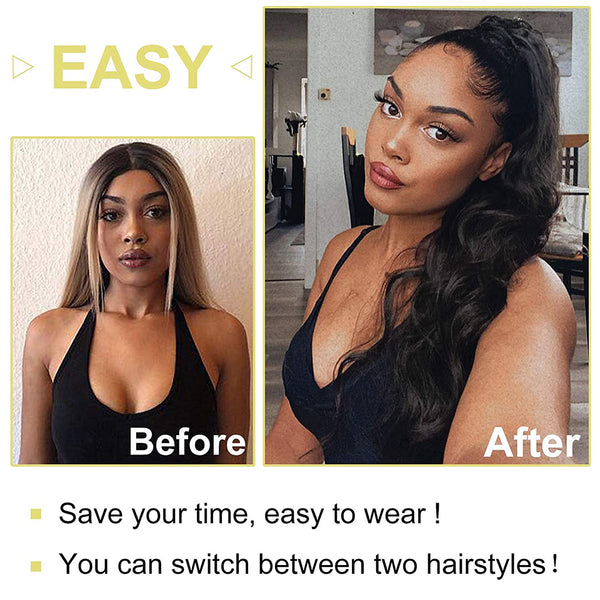 Qp hairSynthetic Long Wavy Synthetic Ponytail Hair Blonde Drawstring Ponytail Clip in Hairpiece Black Wave Ponytail for Black Women