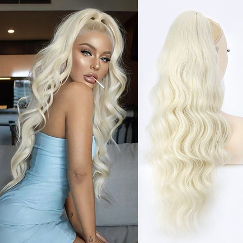Qp hairSynthetic Long Wavy Synthetic Ponytail Hair Blonde Drawstring Ponytail Clip in Hairpiece Black Wave Ponytail for Black Women