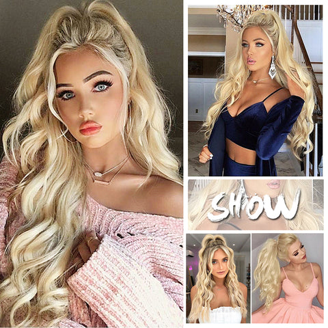 Qp hairSynthetic Long Wavy Synthetic Ponytail Hair Blonde Drawstring Ponytail Clip in Hairpiece Black Wave Ponytail for Black Women