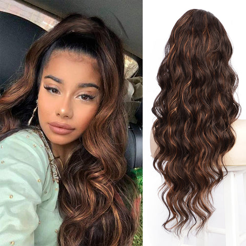 Qp hairSynthetic Long Wavy Synthetic Ponytail Hair Blonde Drawstring Ponytail Clip in Hairpiece Black Wave Ponytail for Black Women