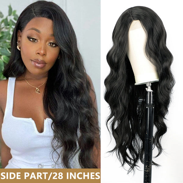 Qp hairSynthetic Long Wavy Synthetic Wig Highlight Wigs for Women Side Part Natural Black Wig Heat Resistant Fiber Hair Cosplay  Wig