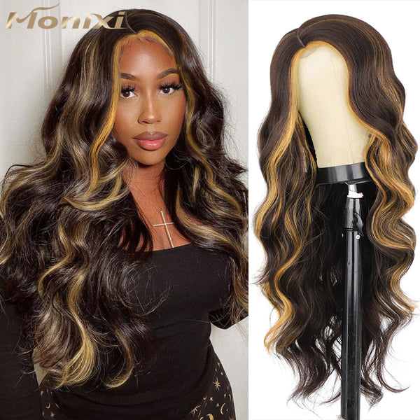 Qp hairSynthetic Long Wavy Synthetic Wig Highlight Wigs for Women Side Part Natural Black Wig Heat Resistant Fiber Hair Cosplay  Wig