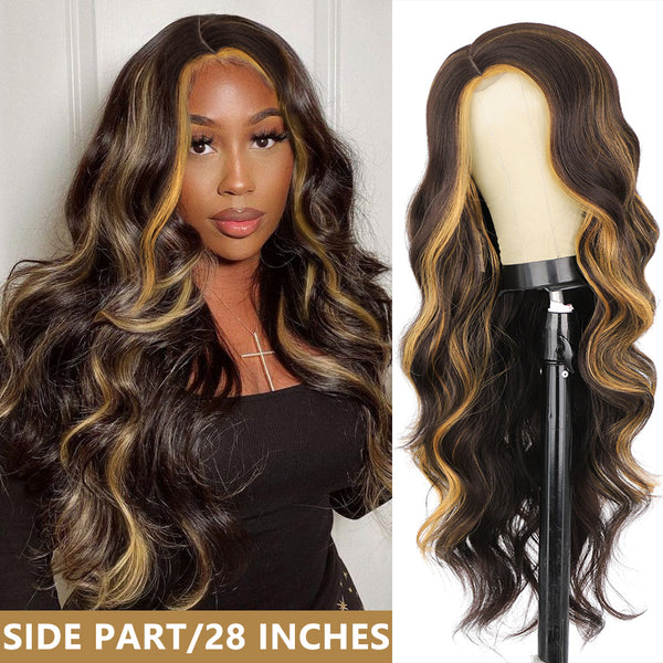 Qp hairSynthetic Long Wavy Synthetic Wig Highlight Wigs for Women Side Part Natural Black Wig Heat Resistant Fiber Hair Cosplay  Wig