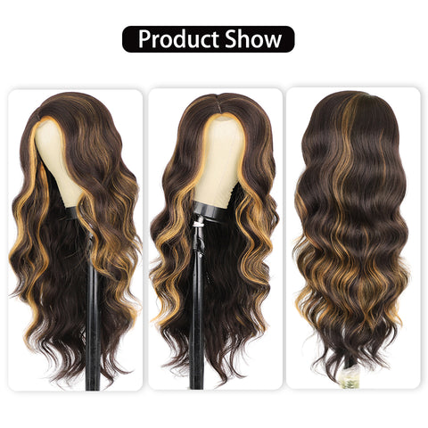 Qp hairSynthetic Long Wavy Synthetic Wig Highlight Wigs for Women Side Part Natural Black Wig Heat Resistant Fiber Hair Cosplay  Wig