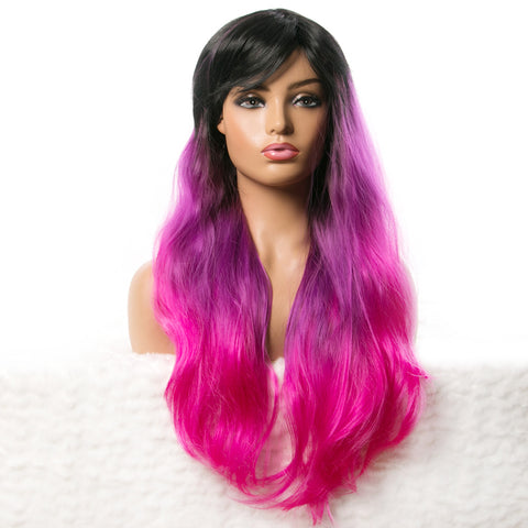 Qp hairSynthetic Long Wavy Wigs for Black Women African American Hair Orange Purple With Bangs Heat Resistant Wig