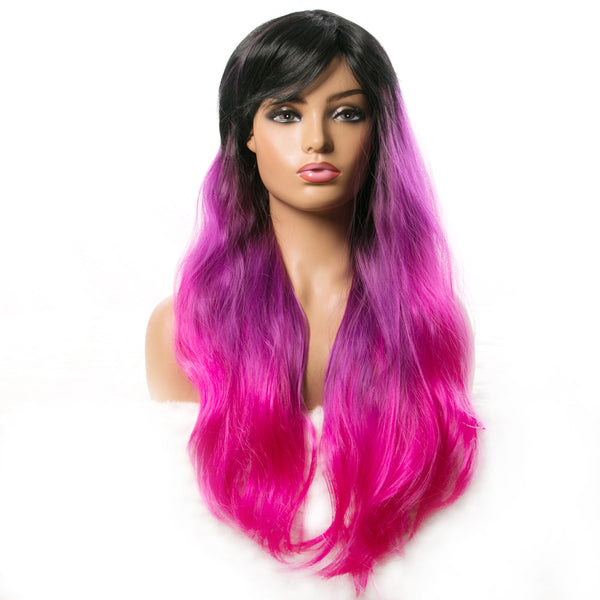 Qp hairSynthetic Long Wavy Wigs for Black Women African American Hair Orange Purple With Bangs Heat Resistant Wig