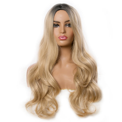 Qp hairSynthetic Ombre Long Blonde Wavy Wigs For Women Black Ombre Blonde Female Daily Party Heat Resistant False Hair