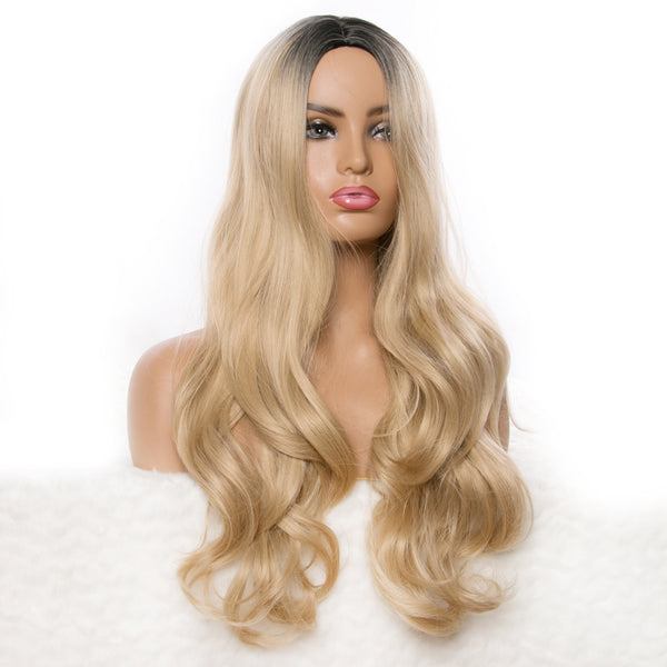 Qp hairSynthetic Ombre Long Blonde Wavy Wigs For Women Black Ombre Blonde Female Daily Party Heat Resistant False Hair