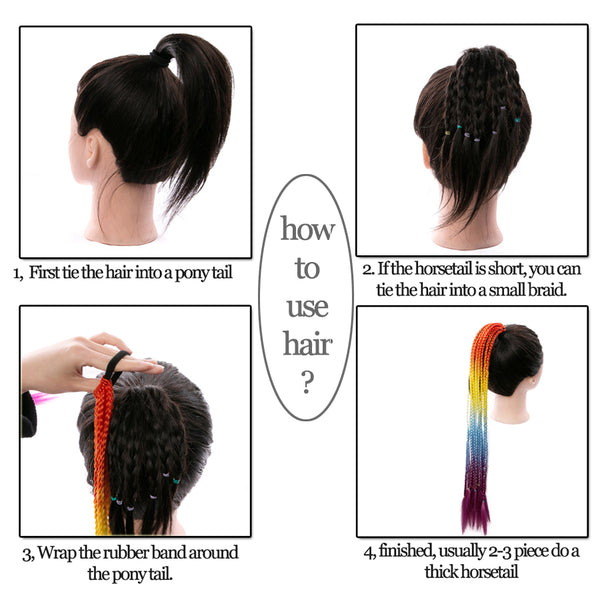 Qp hairSynthetic Ponytail Hairpiece With Rubber Band Hair Ring Chignon 24 Inch Braiding Hair Ombre Ponytail Hair Extension Rainbow