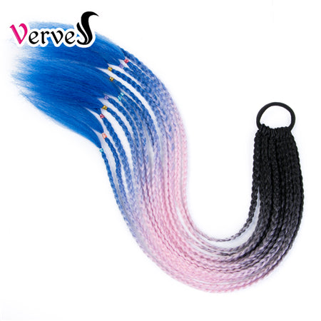 Qp hairSynthetic Ponytail Hairpiece With Rubber Band Hair Ring Chignon 24 Inch Braiding Hair Ombre Ponytail Hair Extension Rainbow