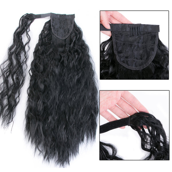 Qp hairSynthetic Ponytail Long Wave Ponytail Wrap Around Water Wave 22 Inch Clip in Hairpiece Black Ponytail for Women