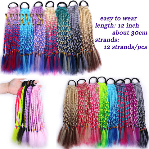 Qp hairSynthetic Ponytail hair Extension With Rubber Ring Ombre Braid Hairpiece Chignon hair 12 inch Rainbow color Girls Party hair tie