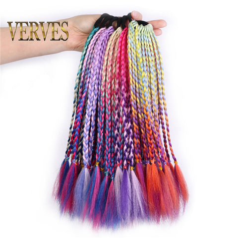 Qp hairSynthetic Ponytail hair Extension With Rubber Ring Ombre Braid Hairpiece Chignon hair 12 inch Rainbow color Girls Party hair tie