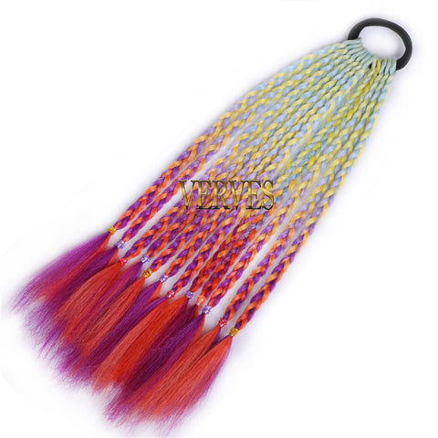 Qp hairSynthetic Ponytail hair Extension With Rubber Ring Ombre Braid Hairpiece Chignon hair 12 inch Rainbow color Girls Party hair tie