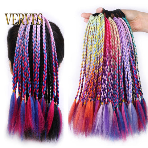 Qp hairSynthetic Ponytail hair Extension With Rubber Ring Ombre Braid Hairpiece Chignon hair 12 inch Rainbow color Girls Party hair tie