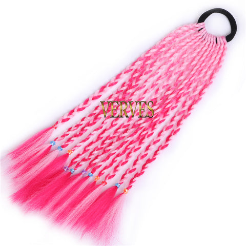 Qp hairSynthetic Ponytail hair Extension With Rubber Ring Ombre Braid Hairpiece Chignon hair 12 inch Rainbow color Girls Party hair tie