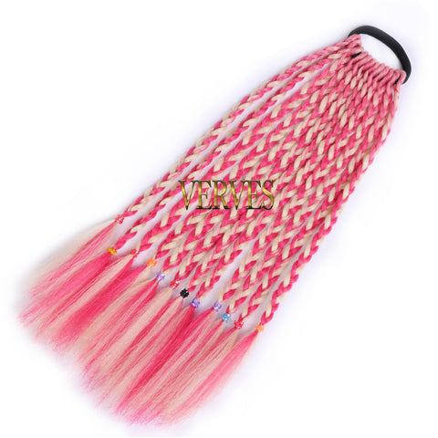 Qp hairSynthetic Ponytail hair Extension With Rubber Ring Ombre Braid Hairpiece Chignon hair 12 inch Rainbow color Girls Party hair tie