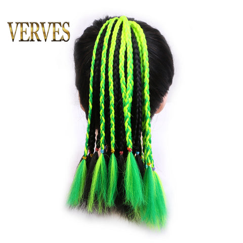 Qp hairSynthetic Ponytail hair Extension With Rubber Ring Ombre Braid Hairpiece Chignon hair 12 inch Rainbow color Girls Party hair tie
