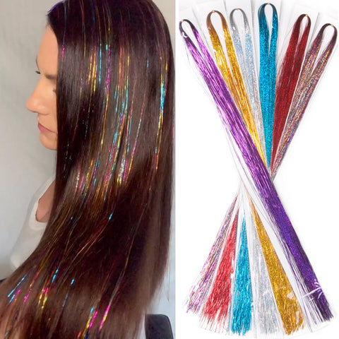 Qp hairSynthetic Sparkle Shiny Hair Women Hippie for Braiding Headdress Tinsel Rainbow Blonde Silk Hair Extensions Dazzles