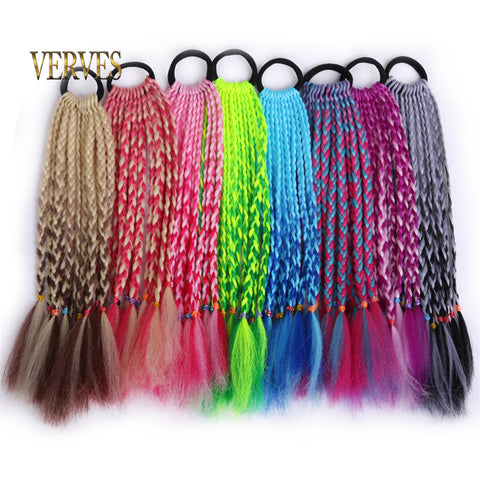 Qp hairVERVES Ponytail Chignon Synthetic Hair Extension With Rubber Ring Ombre Braid Hairpiece Hair Rainbow Color Girls Party Hair Tie