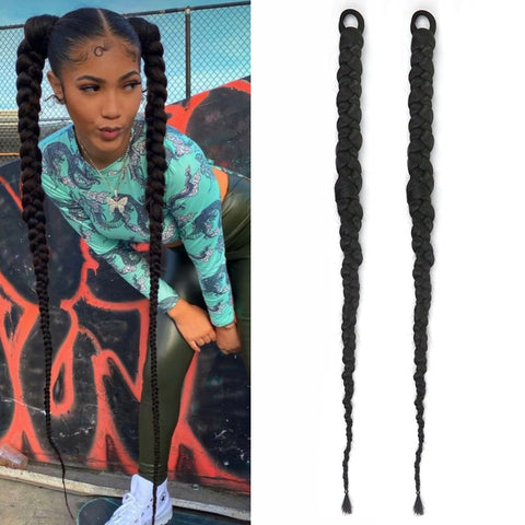 Qp hairVERVES Synthetic Chignon Tail With Rubber Band Hair Ring Long Boxing Braids Crochet Braid Hair Ponytail Extensions Black Silver