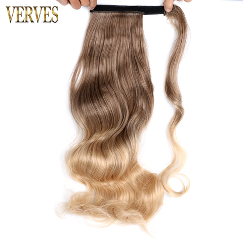 Qp hairVERVES Synthetic Clip In Ponytail Body Wavy Wrap Around Hair Extension Heat Reistan Pony Tail Ombre Hair For Women Black Brown