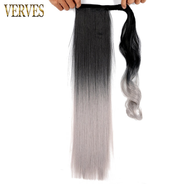 Qp hairVERVES Synthetic Clip In Ponytail Long Straight Wrap Around Hair Extension Heat Reistan Pony Tail Ombre Fake Hair For Women