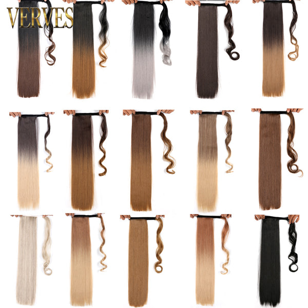 Qp hairVERVES Synthetic Clip In Ponytail Long Straight Wrap Around Hair Extension Heat Reistan Pony Tail Ombre Fake Hair For Women