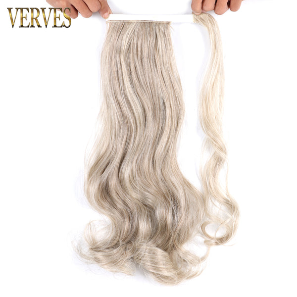 Qp hairVERVES Synthetic Clip In Ponytail Wavy Wrap Around Hair Extension Heat Reistan Pony Tail Ombre Hair For Women Blonde Black