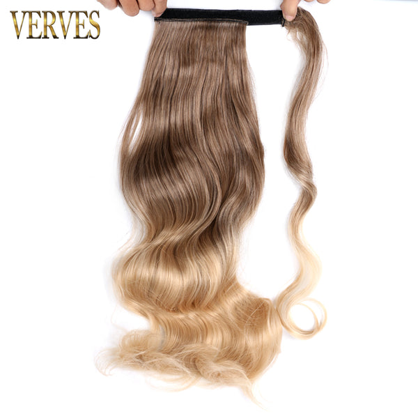 Qp hairVERVES Synthetic Clip In Ponytail Wavy Wrap Around Hair Extension Heat Reistan Pony Tail Ombre Hair For Women Blonde Black
