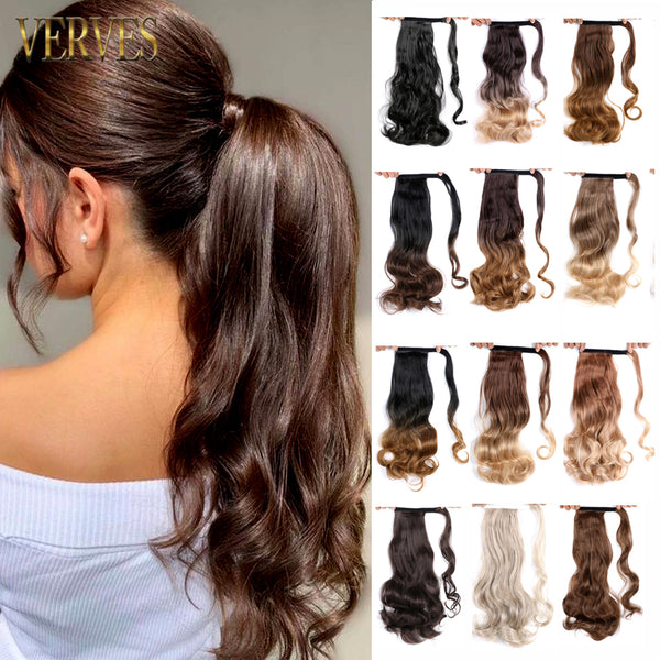 Qp hairVERVES Synthetic Clip In Ponytail Wavy Wrap Around Hair Extension Heat Reistan Pony Tail Ombre Hair For Women Blonde Black