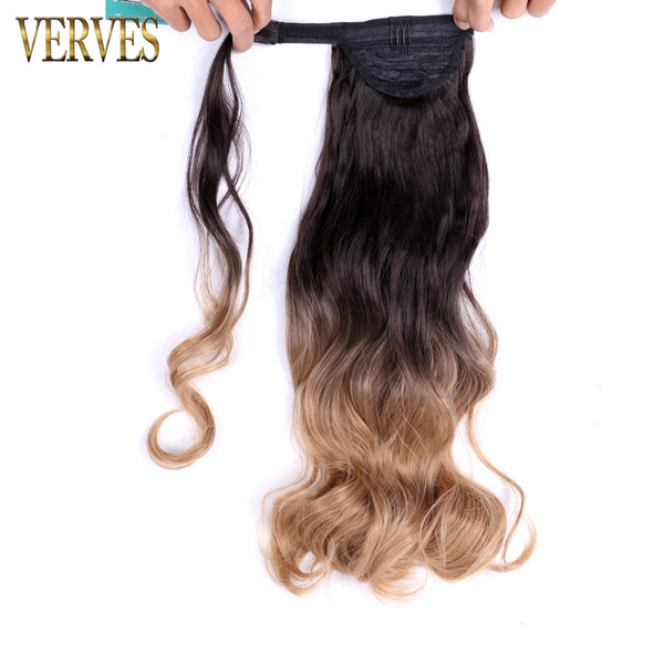 Qp hairVERVES Synthetic Clip In Ponytail Wavy Wrap Around Hair Extension Heat Reistan Pony Tail Ombre Hair For Women Blonde Black