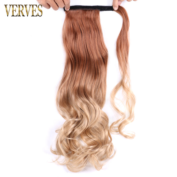 Qp hairVERVES Synthetic Clip In Ponytail Wavy Wrap Around Hair Extension Heat Reistan Pony Tail Ombre Hair For Women Blonde Black