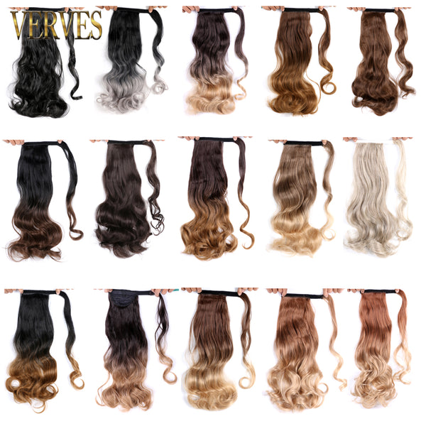 Qp hairVERVES Synthetic Clip In Ponytail Wavy Wrap Around Hair Extension Heat Reistan Pony Tail Ombre Hair For Women Blonde Black