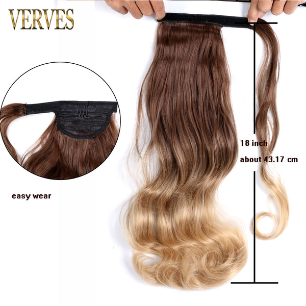Qp hairVERVES Synthetic Clip In Ponytail Wavy Wrap Around Hair Extension Heat Reistan Pony Tail Ombre Hair For Women Blonde Black