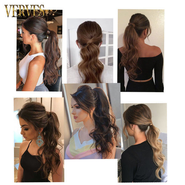 Qp hairVERVES Synthetic Clip In Ponytail Wavy Wrap Around Hair Extension Heat Reistan Pony Tail Ombre Hair For Women Blonde Black