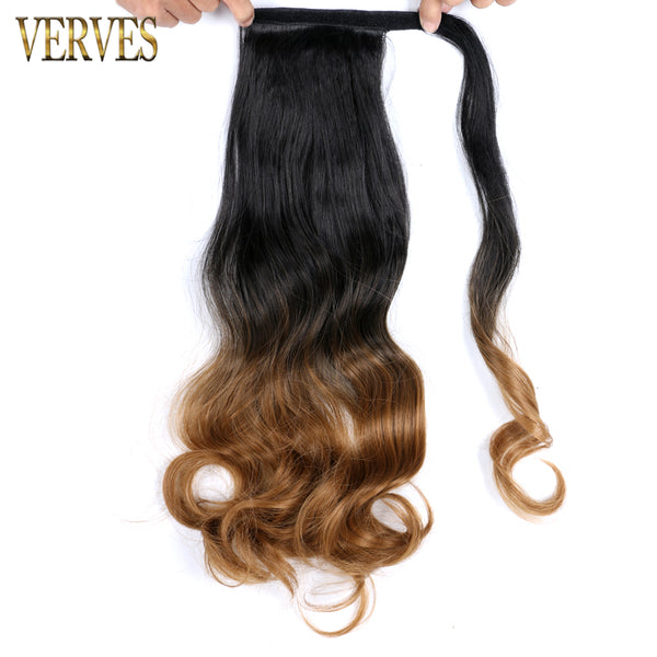 Qp hairVERVES Synthetic Clip In Ponytail Wavy Wrap Around Hair Extension Heat Reistan Pony Tail Ombre Hair For Women Blonde Black