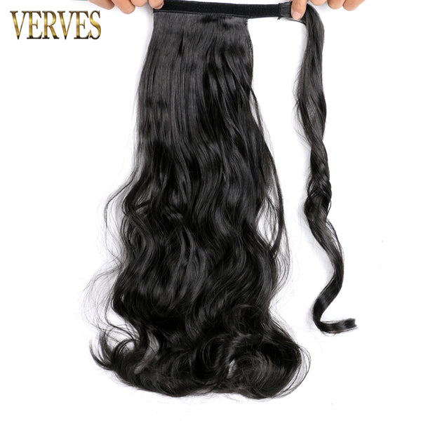 Qp hairVERVES Synthetic Clip In Ponytail Wavy Wrap Around Hair Extension Heat Reistan Pony Tail Ombre Hair For Women Blonde Black