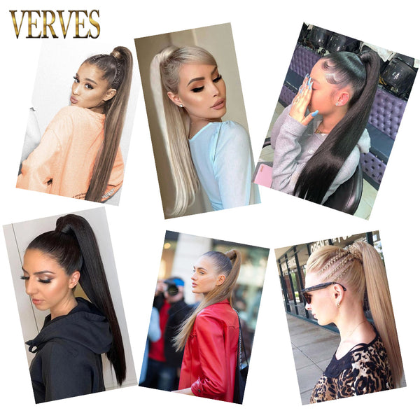 Qp hairVERVES Synthetic Long Straight Wrap Around Clip In Ponytail Hair Extension 22'' Heat Reistan Pony Tail Ombre Fake Hair For Women