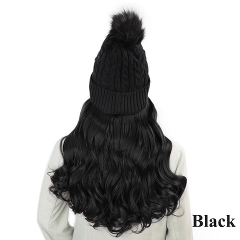 Qp hairVigorous Synthetic Beanie Hat with Hair Attached Synthetic Long Wavy Wig Winter Slouchy Beanie for Women Hat with Hair