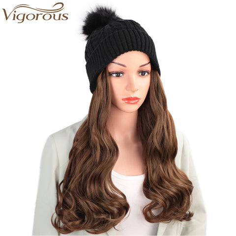 Qp hairVigorous Synthetic Beanie Hat with Hair Attached Synthetic Long Wavy Wig Winter Slouchy Beanie for Women Hat with Hair