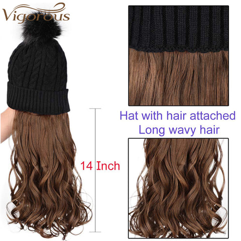 Qp hairVigorous Synthetic Beanie Hat with Hair Attached Synthetic Long Wavy Wig Winter Slouchy Beanie for Women Hat with Hair