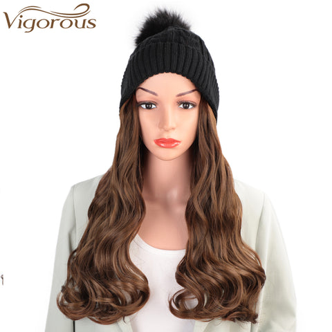 Qp hairVigorous Synthetic Beanie Hat with Hair Attached Synthetic Long Wavy Wig Winter Slouchy Beanie for Women Hat with Hair