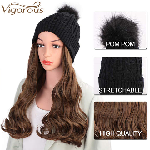 Qp hairVigorous Synthetic Beanie Hat with Hair Attached Synthetic Long Wavy Wig Winter Slouchy Beanie for Women Hat with Hair
