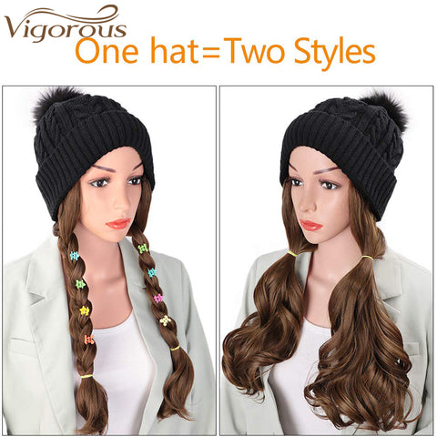 Qp hairVigorous Synthetic Beanie Hat with Hair Attached Synthetic Long Wavy Wig Winter Slouchy Beanie for Women Hat with Hair